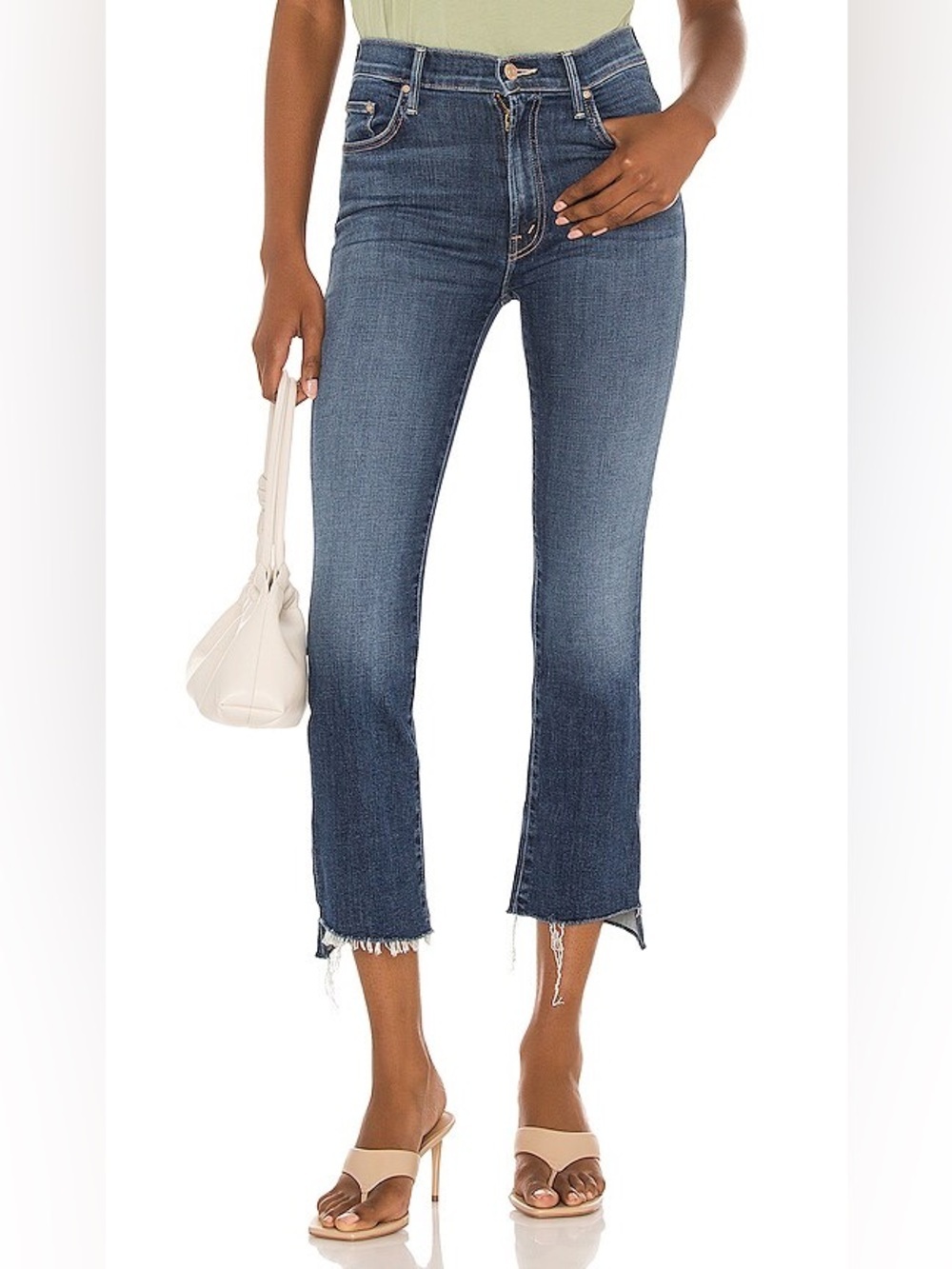 MOTHER Insider Crop Step Fray Kick Flare 26 Girl Crush Mid Wash Stretch Denim